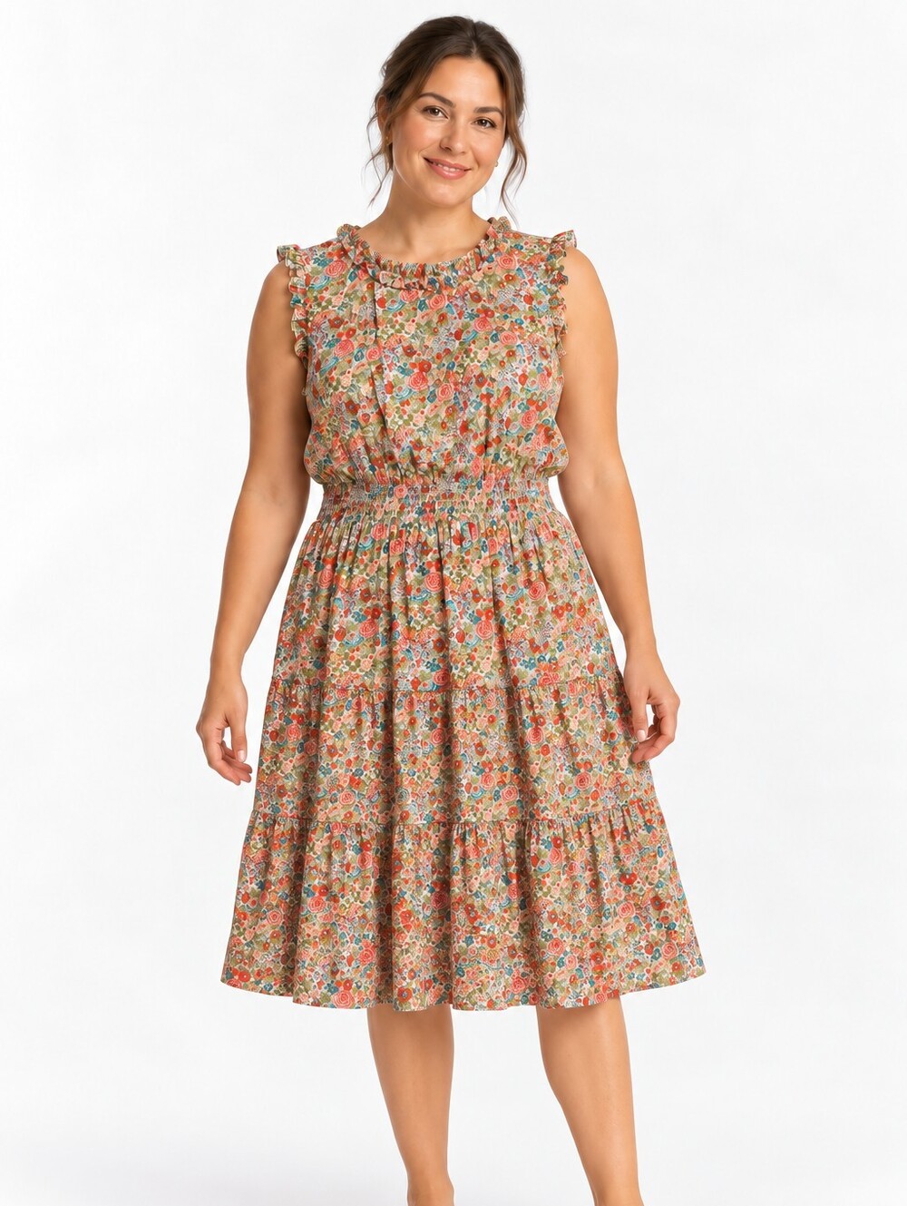 Roller Rabbit Floral Cotton Tiered Dress XL Ruffle Smocked Waist Cottagecore
